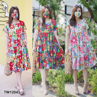 G12043 Dress #สาวอวบ เดรสคอเหลี่ยมลายดอก+หน้ากากปิดจมูกเข้าเซท