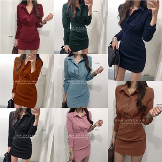 J10573 Dress เดรสสั้น คอปก แขนยาว กระโปรงเย็บจีบ