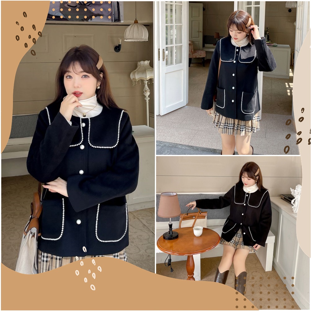 PMSWEET PLUSSIZE : PMP0716 : พร้อมส่ง เสื้อผ้าไซส์ใหญ่ เสื้อโค้ท ทรงเรียบแต่ทรงสวย แต่งมุกสีขาวที่กร
