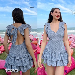 J17245 เดรส แขนกุดไหล่ระบาย ผูกโบว์หลัง ลายดอกไม้ Sleeveless dress with ruffled shoulders, bow tie at the back