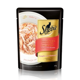 ชีบาเพาซ์ปลาทูน่าไก่และโบนิโตะเฟลค 70กรัม Sheba Pouch Tuna with Chicken and Bonito Flakes 70g.