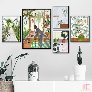 Woman Orchid Cactus Palm Illustration Wall Art ผ้าใบนอร์ดิกโปสเตอร์พิมพ์ภาพผนัง Unframed