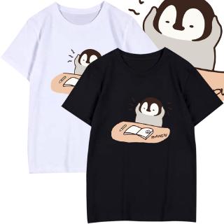 เสื้อยืดแขนสั้น พิมพ์ลายเพนกวินน่ารัก สีเทา สไตล์ญี่ปุ่น สําหรับผู้ชาย และผู้หญิง