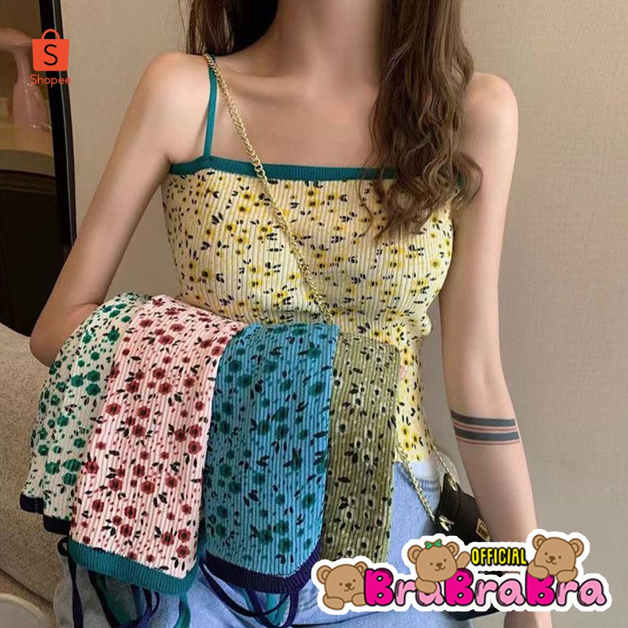 𝑩𝒓𝒂𝑩𝒓𝒂𝑩𝒓𝒂 #f-087 เสื้อ สายเดี่ยว ลายดอกไม้ น่ารัก ผ้าไหมพรม
