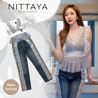 NITTAYA  set เสื้อเเขนกุดระบายลูกไม้+กางเกงยีนส์ขายาว งานคุณภาพที่ไม่เคยทำให้คุณผิดหวัง