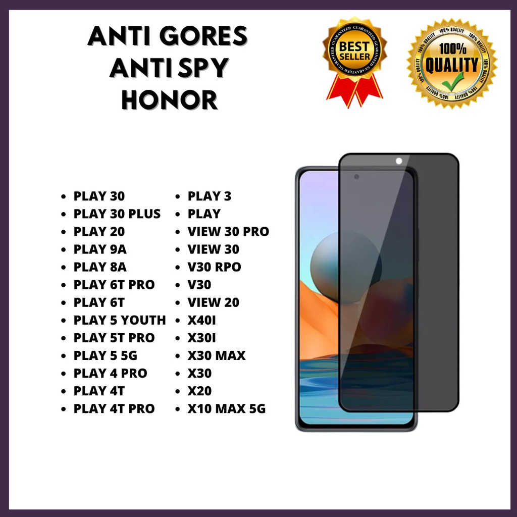 กระจกนิรภัย ANTI SPY HONOR PLAY 30-PLAY 30 PLUS-PLAY 20-PLAY 9A-PLAY 8A-PLAY 6T PRO-PLAY 5 YOUTH-PLA