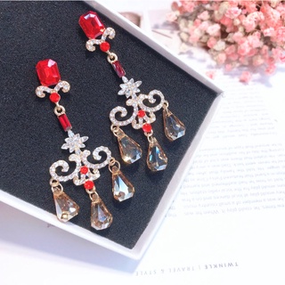 KR-238 ต่างหูเกาหลีก้านเงิน S925 อะไหล่ทอง Baroque earrings ประดับอัญมณีสีแดงแต่งเพชรห้อยคริสตัล