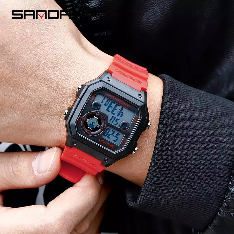 sanda นาฬิกาข้อมือดิจิตอลสําหรับผู้ชายกันน้ํามีไฟ led