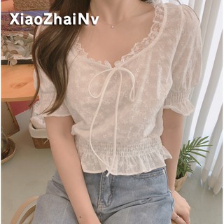 Xiaozhainv เสื้อเชิ้ตโบว์สั้นเกาหลี