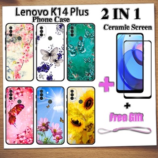 2 IN 1 เคสโทรศัพท์มือถือ Lenovo K14 Plus พร้อมกระจกนิรภัย เซรามิค ป้องกันหน้าจอ ฟิล์มโค้ง ผีเสื้อ