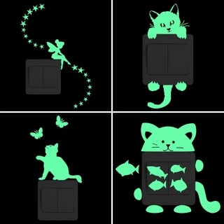 การ์ตูนตลกเรืองแสงใน Dark Wall Switch สติกเกอร์ - Fairy Stars/แมวปลาผีเสื้อ/สุนัข/Gecko/Spider/Footprint/Hearts/Candle/Fall in Love Lover...