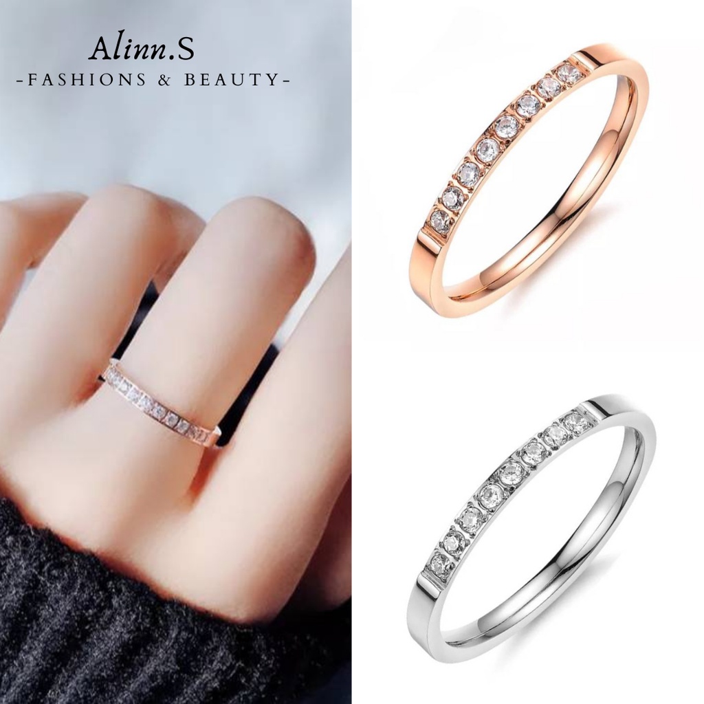 Aliz แหวนไทเทเนียม Cubic Zirconia สไตล์เรียบหรู(ไม่ลอกไม่ดำ)