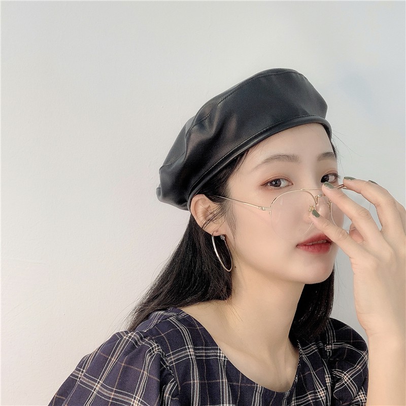 หมวกเบเร่ต์ หนัง Pu สีพื้น แฟชั่นฤดูร้อน สําหรับผู้หญิง