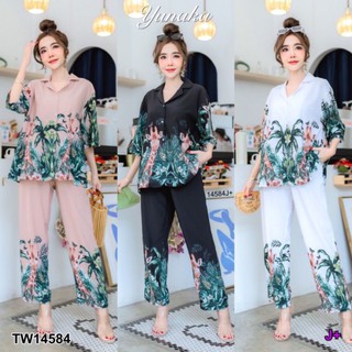 TW14584 ชุดเซ็ท เสื้อเชิ้ตแขนสั้น กางเกงขายาว สีครีม ขาว ดำ ใส่เที่ยวชิลๆ ลายยีราฟ CL5-338