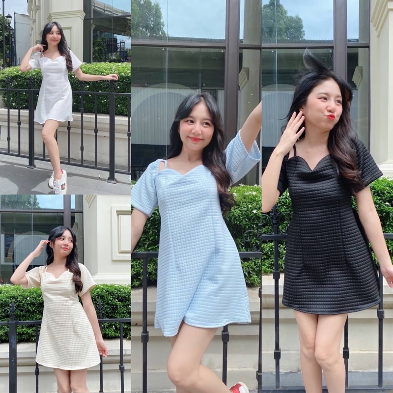 เดรสผ้าวาฟเฟิลตารางเล็กแต่งสายเดี่ยว สม็อคหลัง งานน่ารัก
