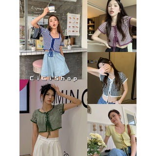 Cicishop(T1598)เสื้อไหมพรมแขนสั้นดีเทลสายผูกโบว์หน้าอกลายฉลุ สวยแซ่บสุด