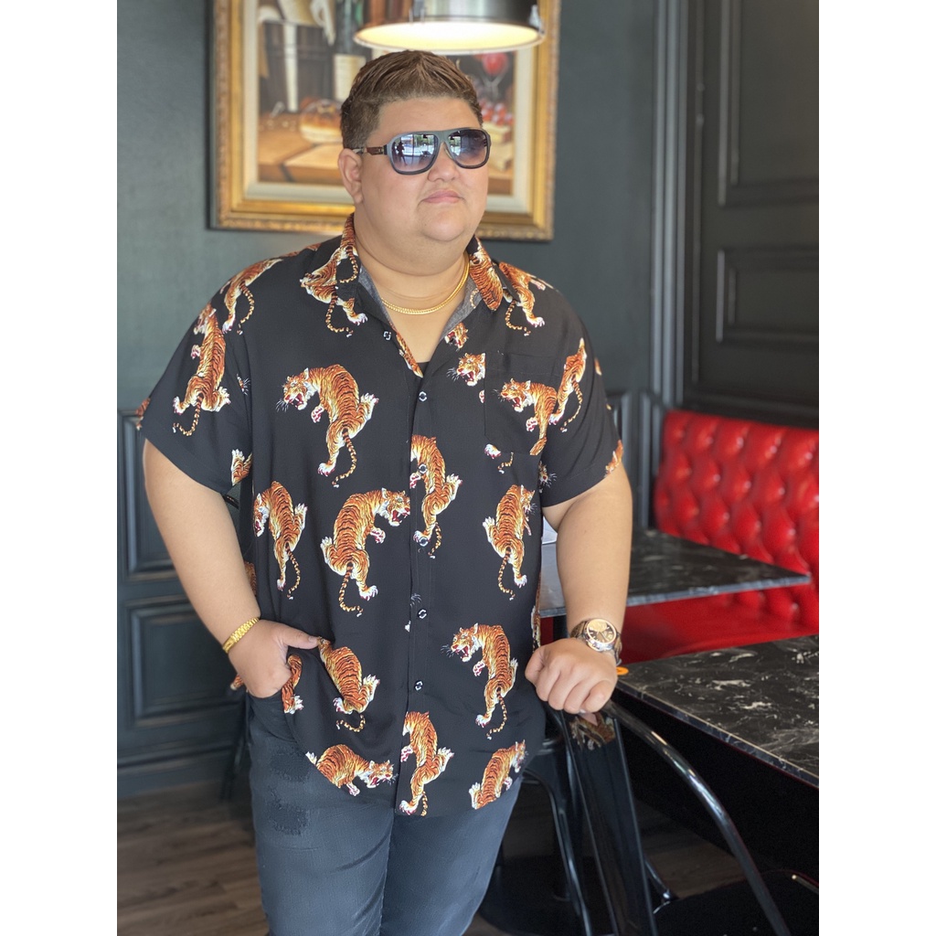 Moodum : เสื้อเชิ้ตคนอ้วน ฮาวาย สไตล์ญี่ปุ่น สีดำ XL-4XL รอบอก 48-62 นิ้ว