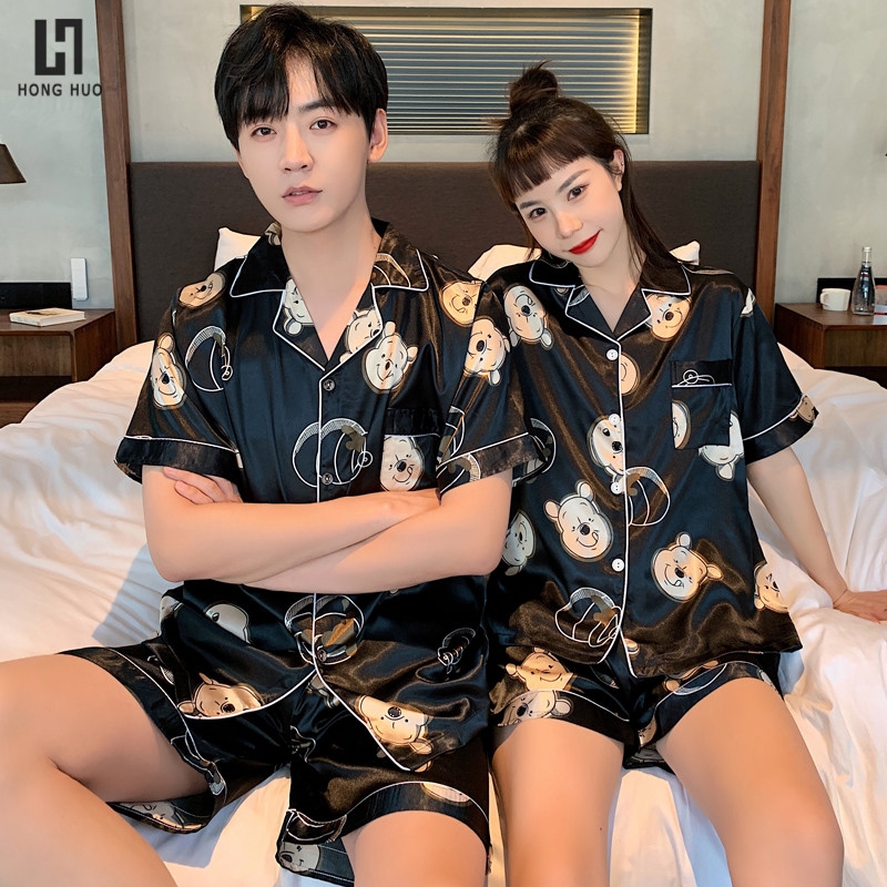 ชุดนอนเกาหลีชุดนอนคู่ฤดูร้อนผ้าไหมน้ำแข็งผู้ชายและผู้หญิงสูทน่ารักบาง ...