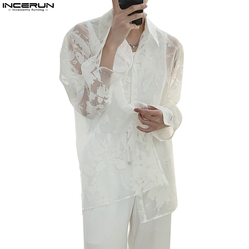 Incerun เสื้อเชิ้ตแขนยาว ซีทรู ผ้าตาข่าย พิมพ์ลาย สีขาว สําหรับผู้ชาย