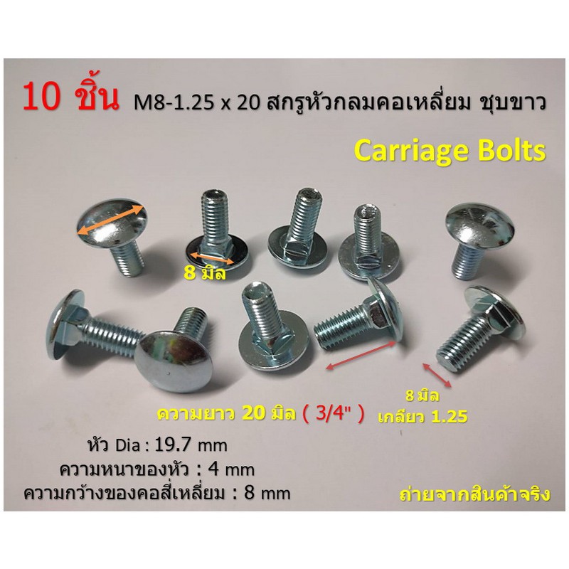 10 ชิ้น M8-1.25 x 20 Square Neck Carriage Bolts สกรูหัวกลมคอเหลี่ยม ระบบมิล ชุบขาว