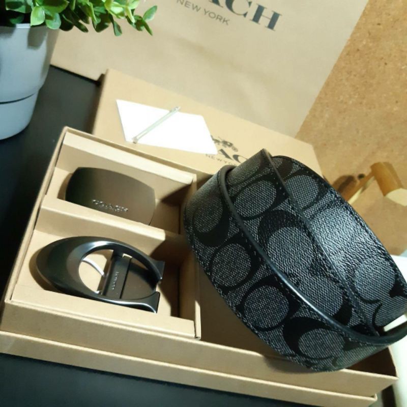 Set เข็มขัด หนัง Coach แท้ สีเทา ดำ มี2หัว สลับใช้ได้ ของขวัญ ผู้ชาย สุดคุ้ม