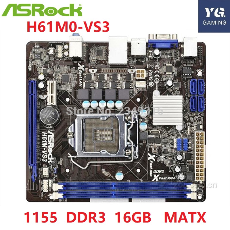 ASRock H61M-VS3 เดสก์ท็อป H61 สล็อต LGA1155 DDR3 16GB เมนบอร์ด SATA2 USB2.0 รองรับ I3 I5 I7 ใช้