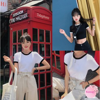🎀Korean Fashion🎀เสื้อครอปคอกลม กุ้นขอบ แขนสั้น