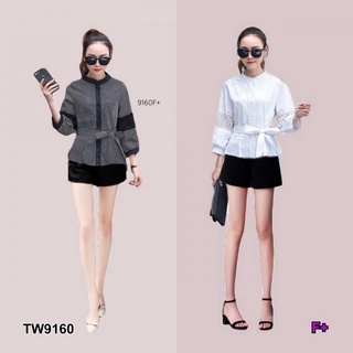 👗Pfashion [ส่งไว!!🚛] P9160  Set เสื้อแขน 5 สว่น ผูกเอว +กางเกงขาสั้น   Set of 5 pieces of sleeves, waist tie +