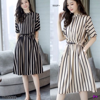 TwinsShopVip💗พร้อมส่ง TW5532  เดรสลายริ้วตรง straight striped dress