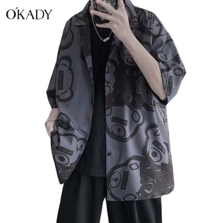 OKADY เสื้อ ฤดูร้อนแฟชั่นผู้ชายพิมพ์เสื้อบางหลวมปกครึ่งแขนเสื้อลำลองระบายอากาศแขนสั้นเสื้อ เสื้อเชิ้ตผู้ชาย