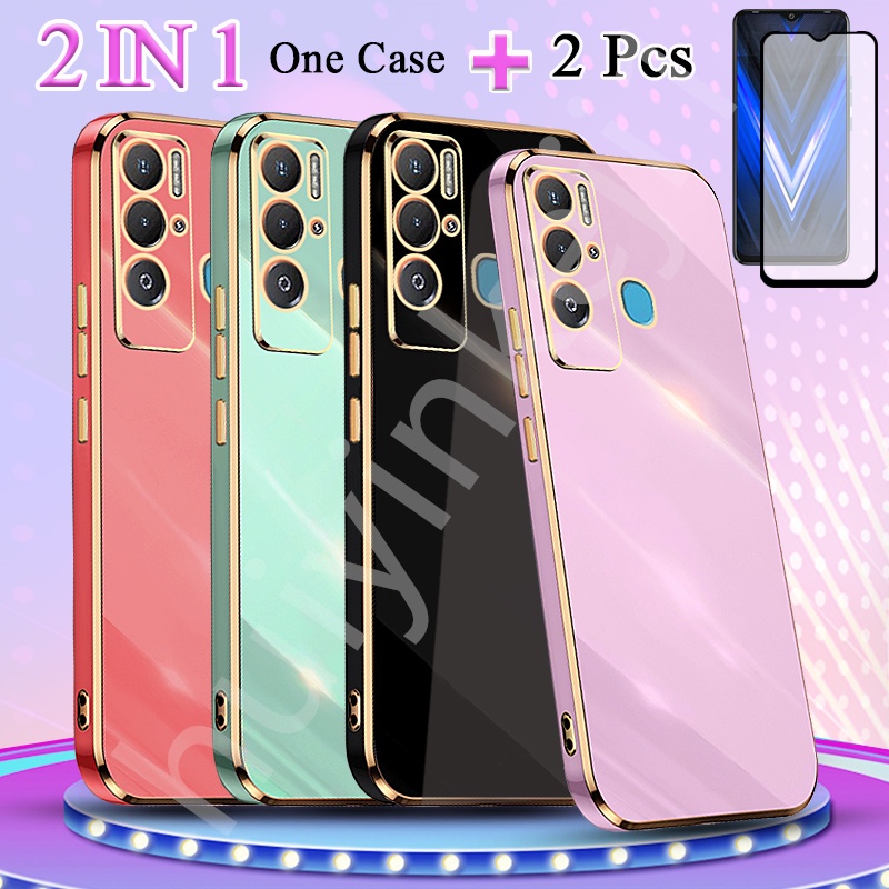 2 IN 1 Tecno Pova Neo Tecno LE6 เคสเคลือบไฟฟ้า ขอบตรง พร้อมฟิล์มกันรอยหน้าจอเซรามิค สองชิ้น