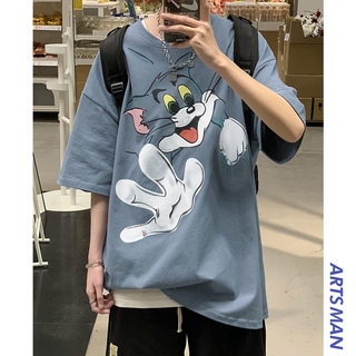 100%ผ้าฝ้ายพิมพ์ลายแขนสั้นTชายเสื้อฤดูร้อนเกาหลีหลวมแขนห้าน้ำสไตล์ฮาราจูกุการ์ตูนแขนสั้นเสื้อยืด