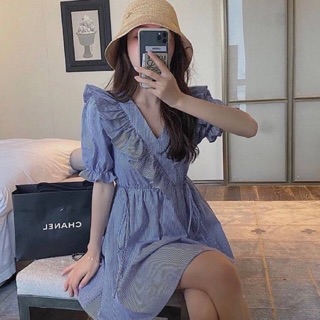 ชุดเดรส‼️พร้อมส่ง j2905 💙N e w w w w w w  Baby line dress มินิเดรสคอวี เนื้อผ้าเชิ้ต zara ลายทางสีฟ้า ใส่ดี