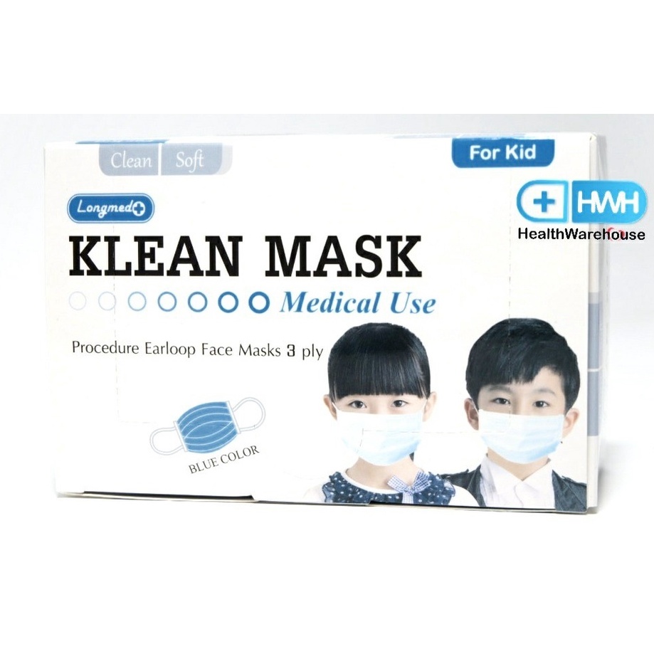 หน้ากากอนามัยเด็ก Klean Mask for Kid Longmed Kids สีฟ้า (50ชิ้น/กล่อง) Surgical Mask กระดาษปิดจมูก สำหรับ เด็ก Klean Mas