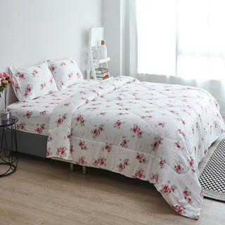 KASSA HOME ชุดผ้าปู พร้อมผ้านวม TENCEL14-470T รุ่น Flowery Rose คิงไซส์ ขนาด 6 ฟุต ชุด 6 ชิ้น สีขาว ชุดเครื่องนอน