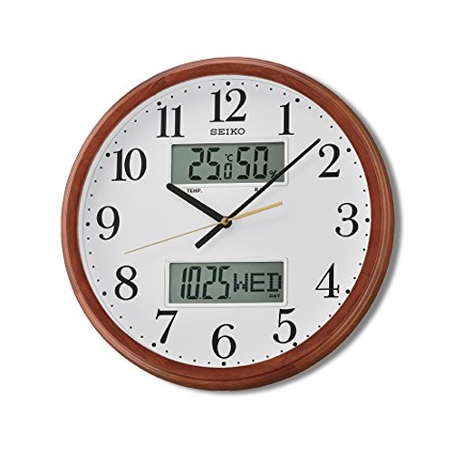 SEIKO นาฬิกาแขวนขอบไม้แท้ ขนาด 12 นิ้ว มีจอปฎิทิน LCD & Thermometer รุ่น QXL012B