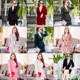 TW17570 Set 2 ชิ้น เสื้อคลุมสูทแขนยาวกระดุม 6 เม็ด + กระโปรงสั้น