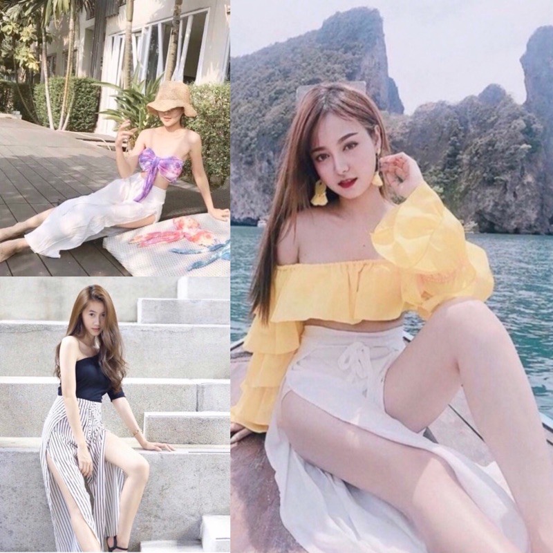 mayylody กางเกงผ่าข้างผูกเอว ผ้าพริ้วใส่ไปทะเลเกร๋ๆชิคๆๆ
