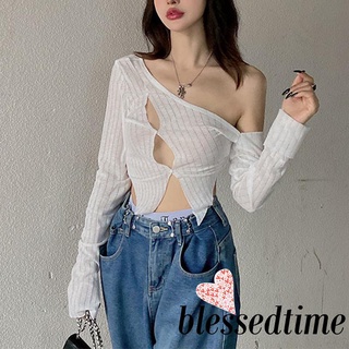 Now-Women Cropped Tops, Long Sleeve Striped Print Patchwork Casual Party Club Cutout Shirt