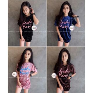 (new)เซต 2 ชิ้น เสื้อแขนสั้นกำมะยี่ ผ้าเนื้อมาก