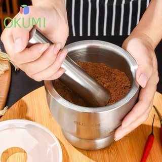 OKUMI_SHOP ครกสแตนเลส พร้อมฝาซิลิโคน ครก + สาก เกรดอาหาร