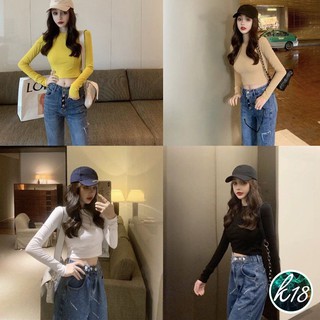 K18💜Korean เสื้อยืดครอป แขนยาวรัดรูป 4 สี