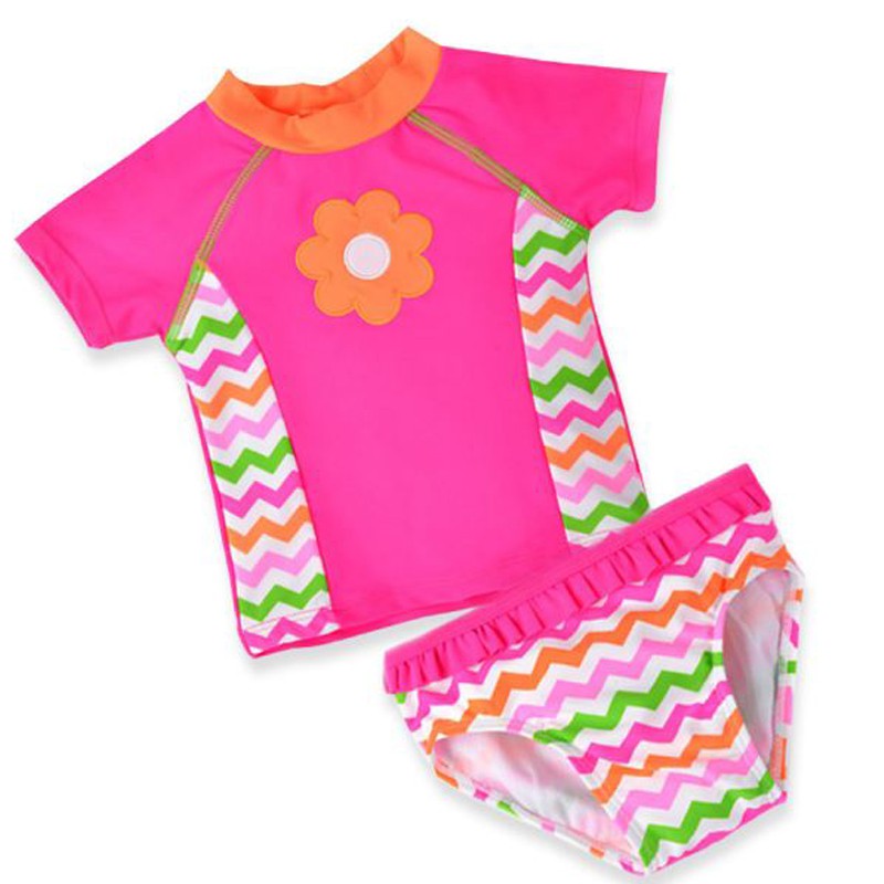 **ลดล้างสต็อค** (อายุ 1-6 ปี)ชุดว่ายน้ำเด็กผู้หญิง ทูพีซ สีชมพู ปักลาย สีสดใส #9015