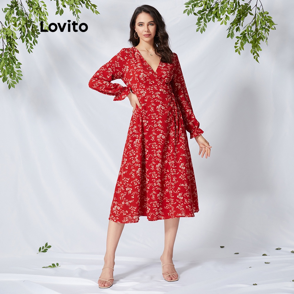 Lovito ชุดเดรส ทรงเอ แบบบาน คอวี สีแดง พิมพ์ลายดอกไม้ สไตล์โบโฮ L01146 (สีแดง/ชมพู/ฟ้า/เหลือง/สีแดง-1) #6