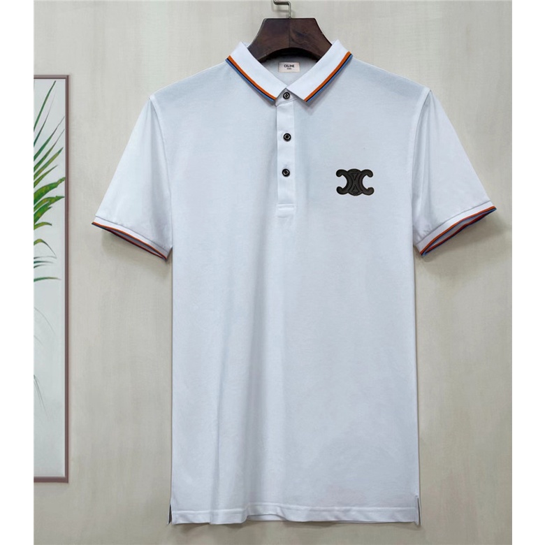 Ce1ine เสื้อโปโล แขนสั้น หนัง ปักลายโลโก้ สําหรับผู้ชาย 2022
