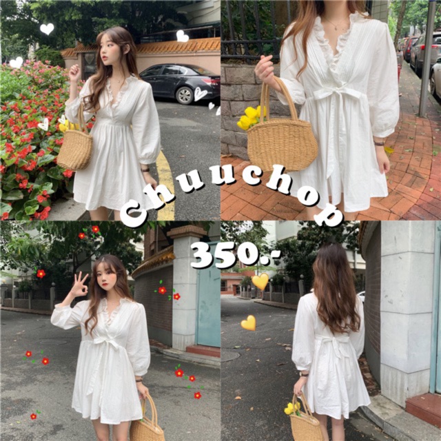 พร้อมส่งJemma korean dress ชุดเดรสสั้นผูกโบว์ สไตล์เกาหลี