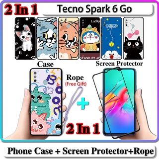 2 IN 1 เคส Tecno Spark 6 Go พร้อมกระจกนิรภัยโค้ง เซรามิค ป้องกันหน้าจอ แมว และโดราเอมอน