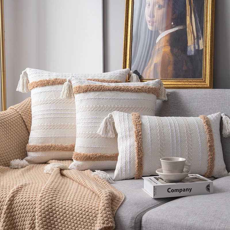 โมร ็ อกโกทอ Boho โยนหมอน Minimalist Tufted ลาย Tribal Tassels ตกแต ่ งเบาะสําหรับโซฟาโซฟา