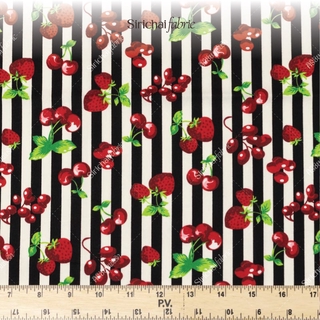 ผ้าคอตต้อน 100% ลายริ้ว สตรอเบอร์รี่ เชอร์รี่ หน้ากว้าง 45 นิ้ว ผ้าเมตร ผ้าหลา