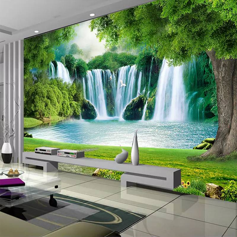 3D วอลล์เปเปอร์โมเดิร์นน้ําตกภูมิทัศน์หญ้าภาพจิตรกรรมฝาผนังห้องนั่งเล่นทีวีโซฟาพื้นหลังผ้าผนังตกแต่ง Fresco
